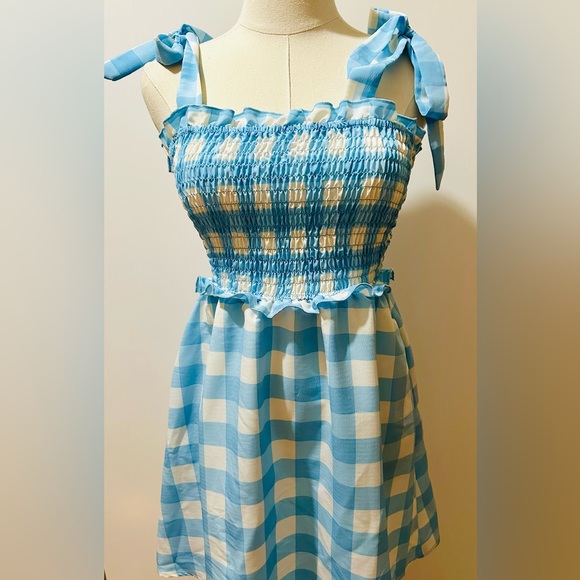 AS U WISH blue & white gingham checkered shoulder tie dress - Picture 3 of 6